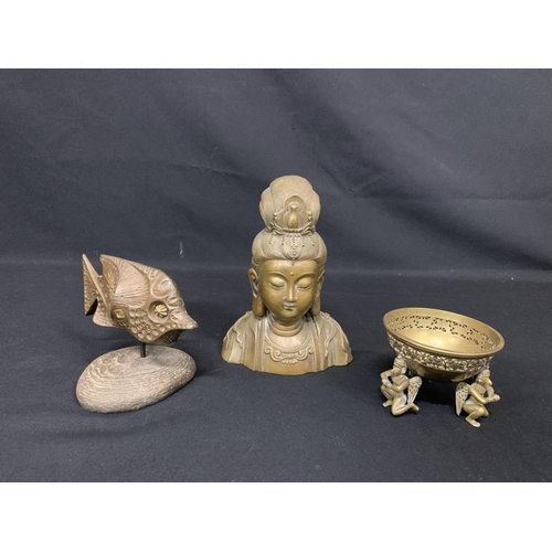 468 - Brass Thai bust, 22cms tall, dish and fish