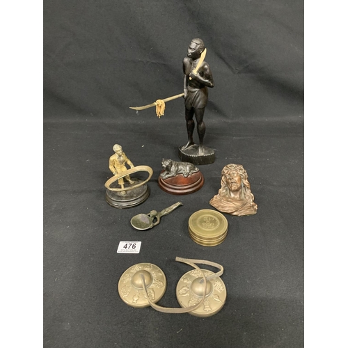 476 - Oriental temple Bells, brass box, carved wooden Figure and 4 metal figures