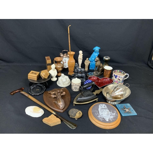 480 - Heavy flat iron and trivet and assorted woodenware and china