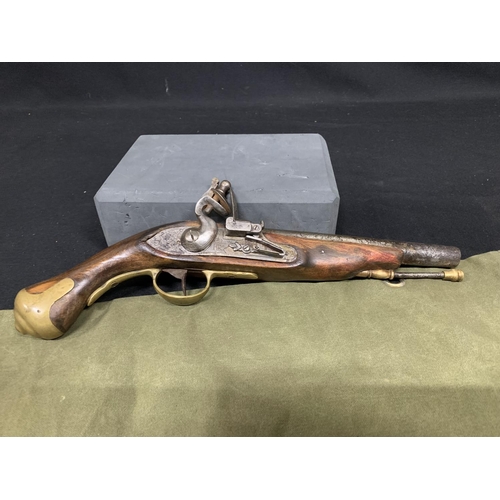 499 - Antique .44 flintlock pistol marked HR with crown on top, overall length 37cms