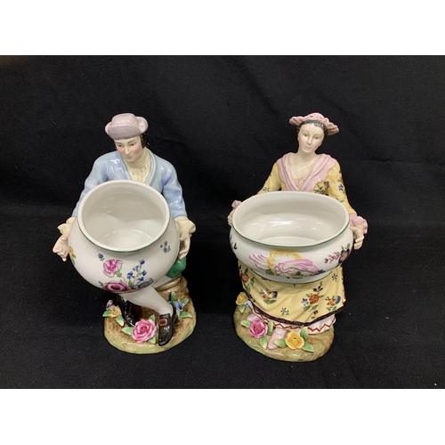 538 - Pair porcelain Victorian style figures with bowls, height 30cms