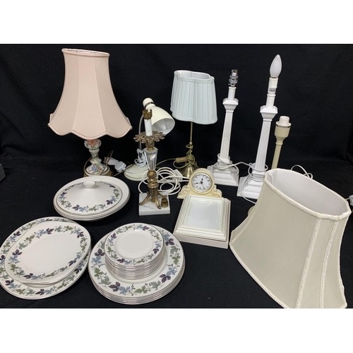 546 - Collection of table lamps, clock, frames and part Doulton Burgundy dinnerware and framed painting of... 