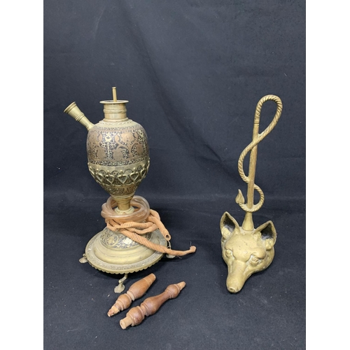 565 - Hooka pipe, height 38cms and Brass Fox door stop