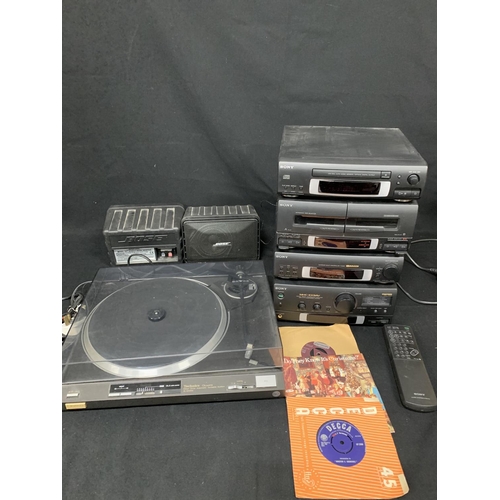 575 - Pair of Bose model 101, series II music monitors, Technics SL-QX200 turntable and Sony Stack system
