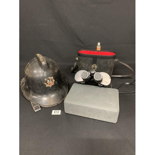 612 - Vintage fire helmet and pair binocs