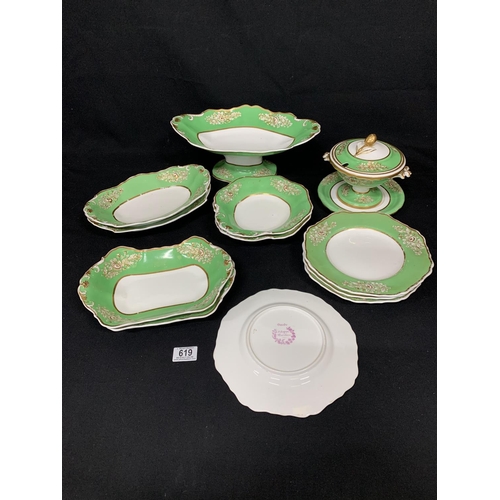 619 - 13 pieces of Victorian Spode Green and white china, some wear to gilding