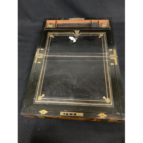 622 - Victorian Brass bound writing slope, with inkwells and secret compartment 35 x 24 x 17cms