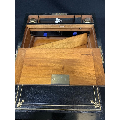 622 - Victorian Brass bound writing slope, with inkwells and secret compartment 35 x 24 x 17cms