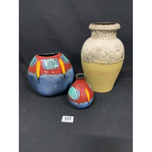 625 - West German Vase, height 28cms and 2 Poole Pottery vases