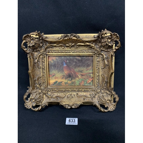 633 - Reproduction gilt framed porcelain panel painted with pheasant