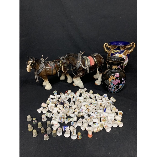 637 - 2 china shire horses, 2 decorative vases, and collect of thimbles