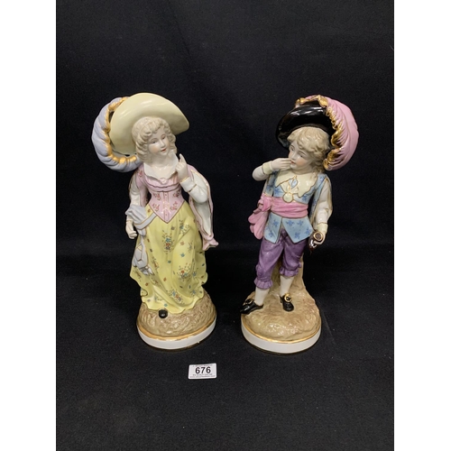 676 - Pair of boy and girl porcelain figures, height 36 cms