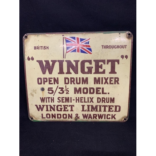 678 - Vintage Enamel 'Winget' Cement Mixer Sign 48 x 42 cms