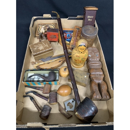 733 - Tray of wooden items including pipes and Russian Doll (Complete)