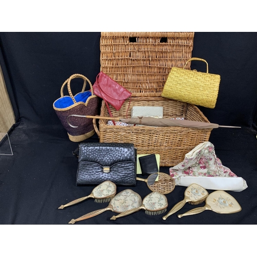 738 - Wicker hamper, vintage bags and dressing table ware