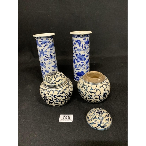 745 - Pair of Oriental conical vases, height 21 cms and pair of earthenware ginger jars