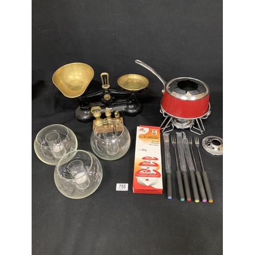 755 - Fondue set, cast iron scales and weights and glass storm lamps