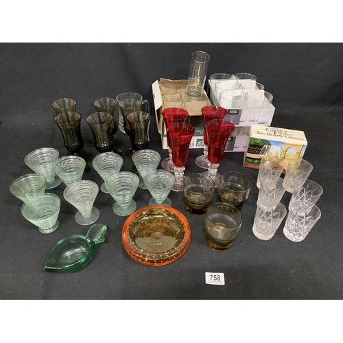 758 - Collection of assorted drinking glasses and two coloured glass Ashtrays (2)