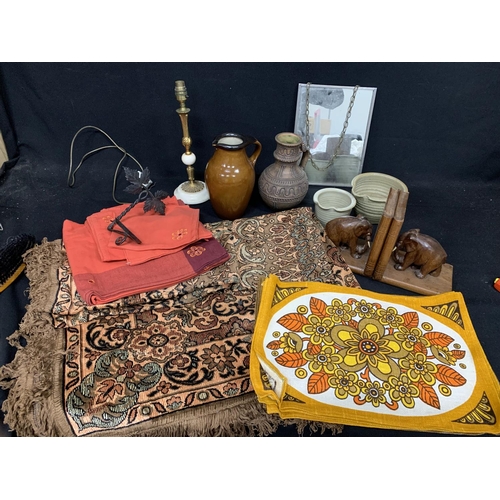 764 - Rug, table linen, mirror, pottery, lamp and wooden ware