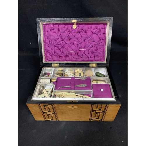 778 - Victorian Walnut inlaid Ladies Workbox and contents, 31 x 20 x 17 cms