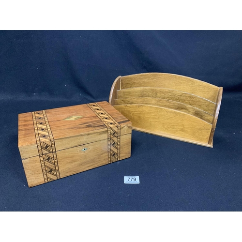 779 - Victorian inlaid Workbox, 28 x 19 x 12 cms and Wooden Stationery Rack