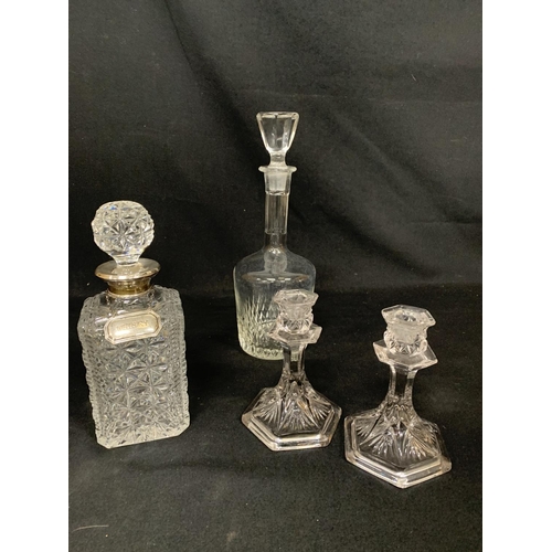 784 - Hallmarked Silver Mounted Whisky Decanter with Silver Label, Decanter and pair of glass candlesticks