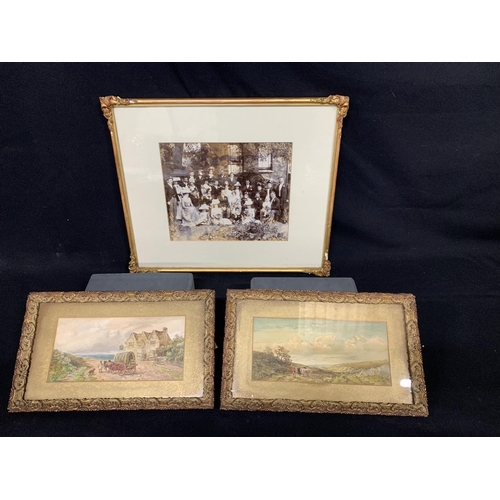 790 - Two framed watercolours marked Lizzie to reverse and framed wedding photograph of 1900