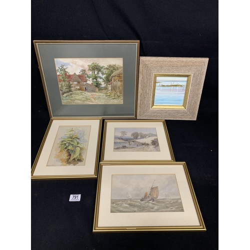 791 - Four framed watercolours and modern framed Medway scene