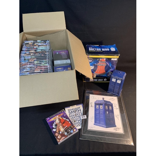 876 - Approx 80 Doctor Who DVD's mostly unopened, Dr Who inflatable Dalek unused, Tardis and photo