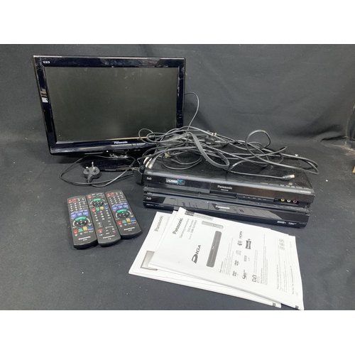 885 - Panasonic TV and two DVD players with remotes