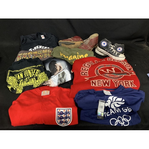 899 - Assorted T Shirts, Jumper, England shirt, Converse trainers size 6 and pair of clogs