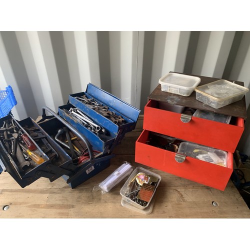 412 - Blue toolbox and tools and cabinet of fittings