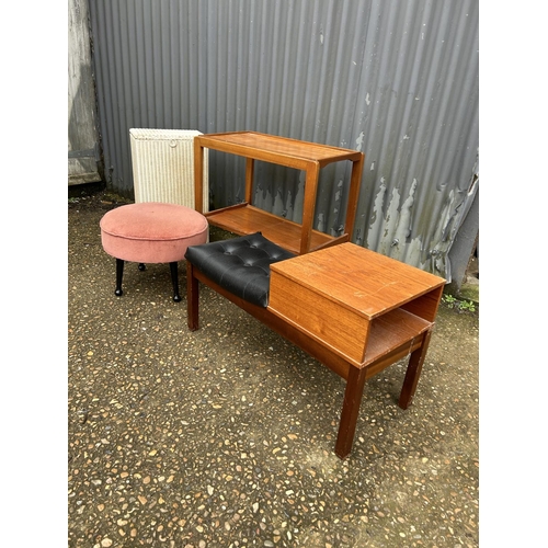 113 - A retro teak hall seat, loom box, tea trolley and stool
