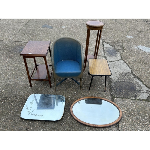 122 - Two mirrors, oak table, plant stand, retro table and chair