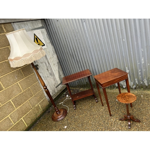 153 - Two mahogany occasional tables, floor standing lamp, and a walnut wine table