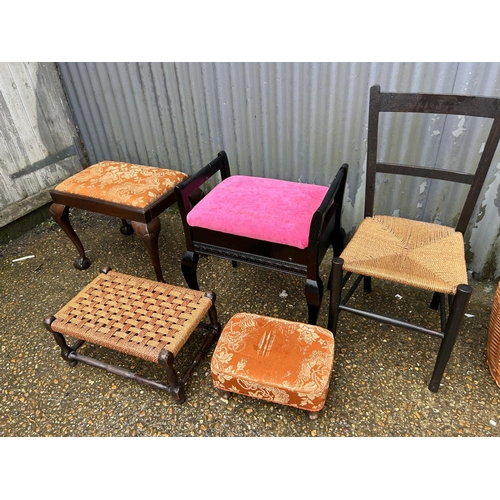 154 - Piano stool, three small stools, chair and wicker basket