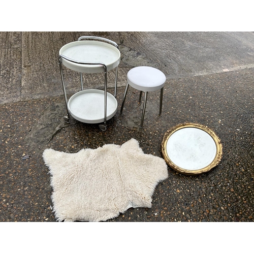 155 - Gold mirror, two retro tables and sheep skin rug