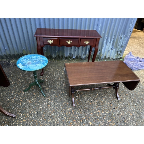 168 - A reproduction sofa table, coffee table, three drawer side table and wine table