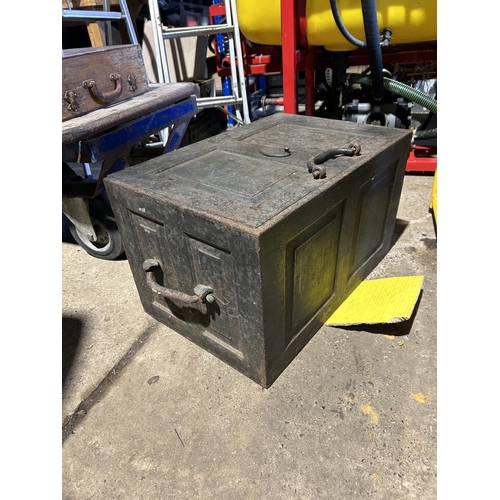 292 - Large antique strong box with key 60x40 x35