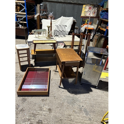 46 - A mixed lot, including folding massage bed, oak trolley, two wall shelves,two coffee tables, stool a... 