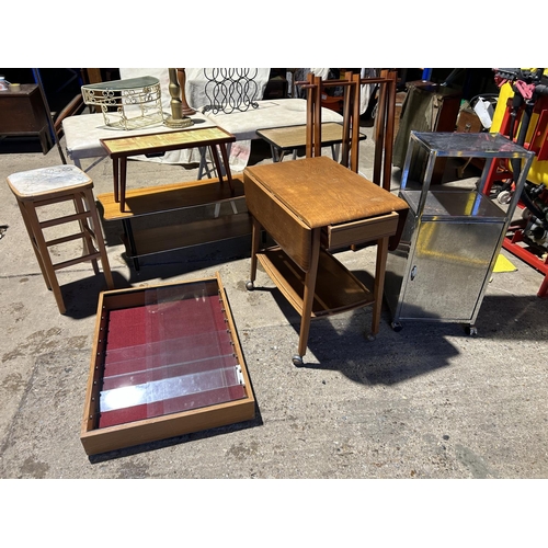 46 - A mixed lot, including folding massage bed, oak trolley, two wall shelves,two coffee tables, stool a... 