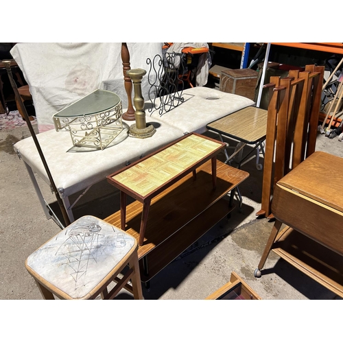 46 - A mixed lot, including folding massage bed, oak trolley, two wall shelves,two coffee tables, stool a... 