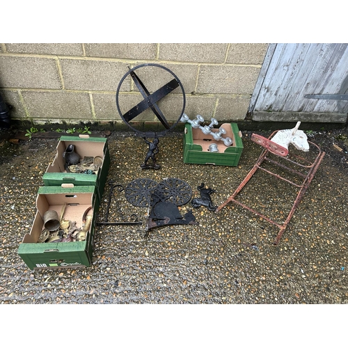 47 - A sun dial, iron wall brackets, vintage rocker and three boxes of brass and metal ware