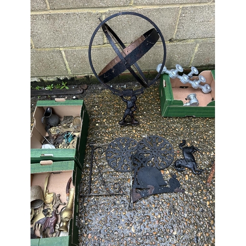 47 - A sun dial, iron wall brackets, vintage rocker and three boxes of brass and metal ware