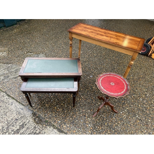 63 - A yew side table, nest of two and a repro wine table
