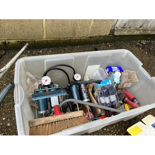 97 - A large tub of tools inc pumps, two water cans, tool box and fuel can