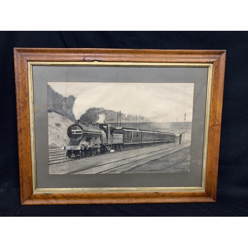 513 - Framed drawing of steam train signed Russeil dated 1909, 77 x 60cms