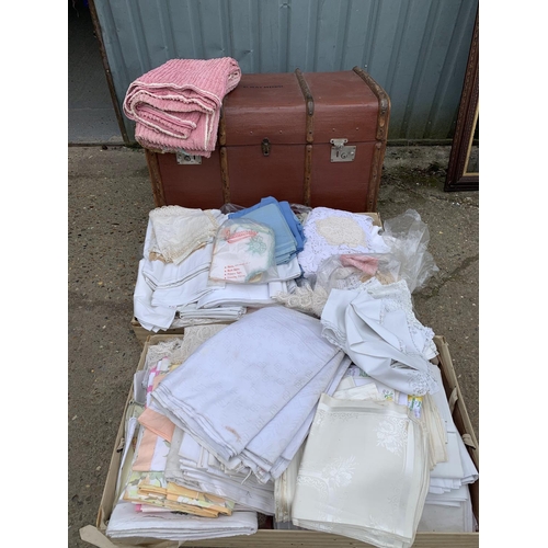 556 - Large bound trunk and 2 trays full of antique linen (3)