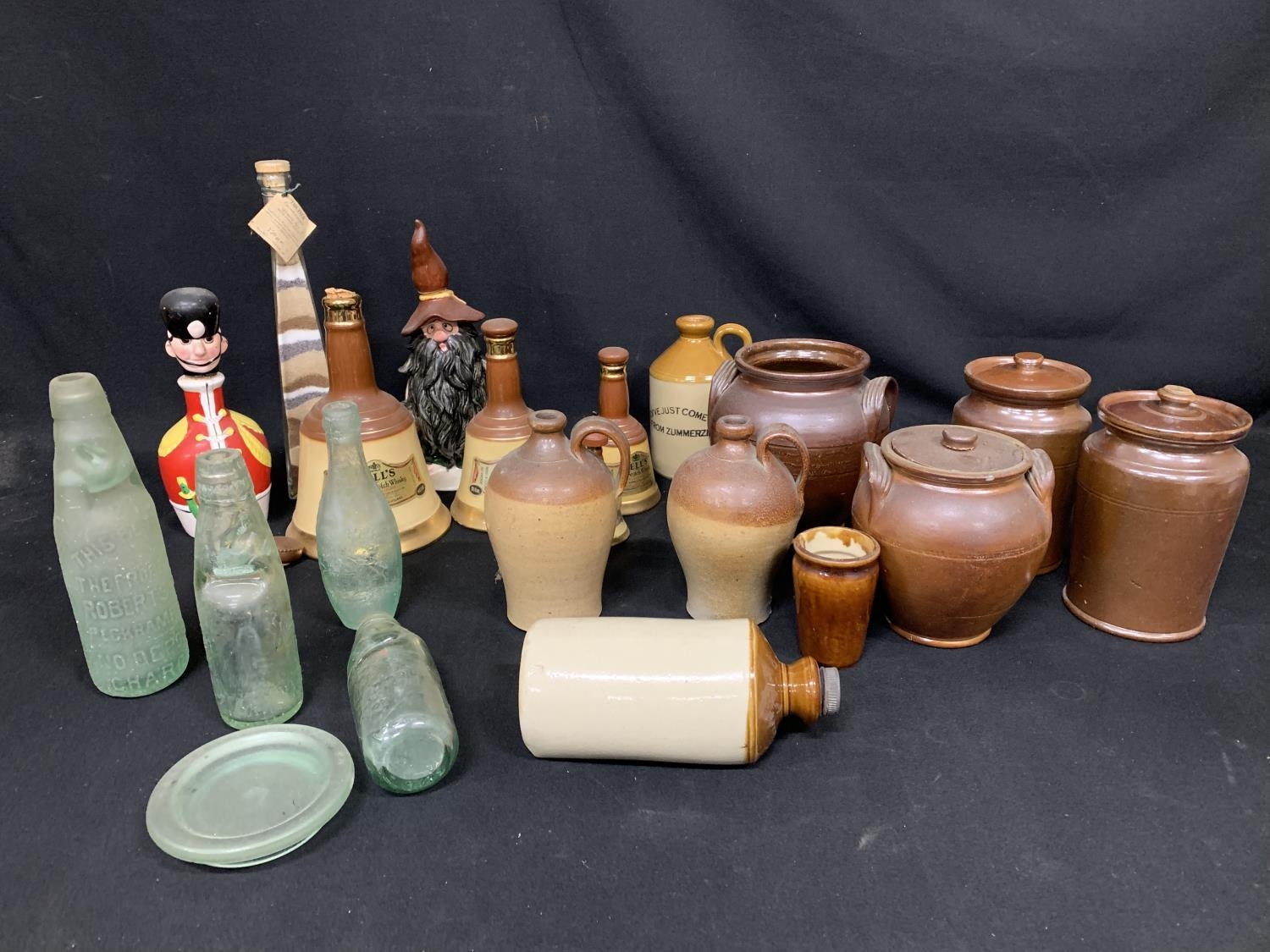 Stoneware Jars, glass bottles, empty Bells Whisky Decanters, 2 Novelty ...