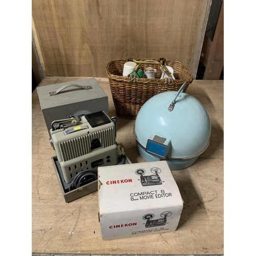 592 - Cinekon Movie Editor, Eumig Projector, Lady Schick hairdryer, vintage basket and flasks